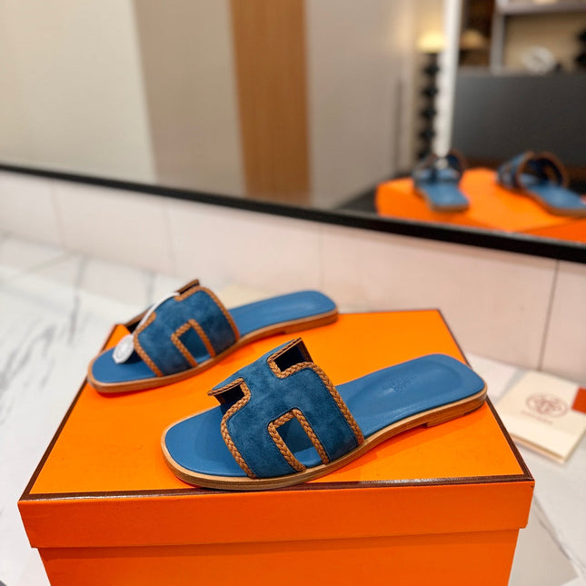 HM 26S ORAN SANDALS IN BLUE SUEDE WITH TAN BOWN BRAIDED TRIM