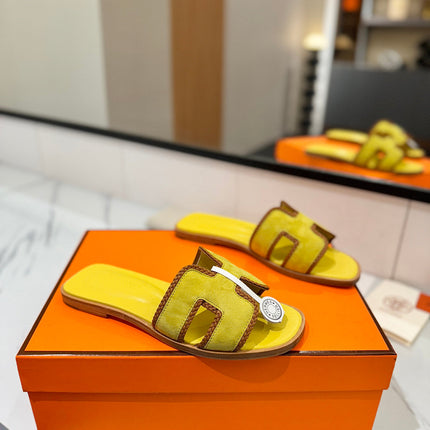 HM 26S ORAN SANDALS IN YELLOW SUEDE WITH TAN BOWN BRAIDED TRIM