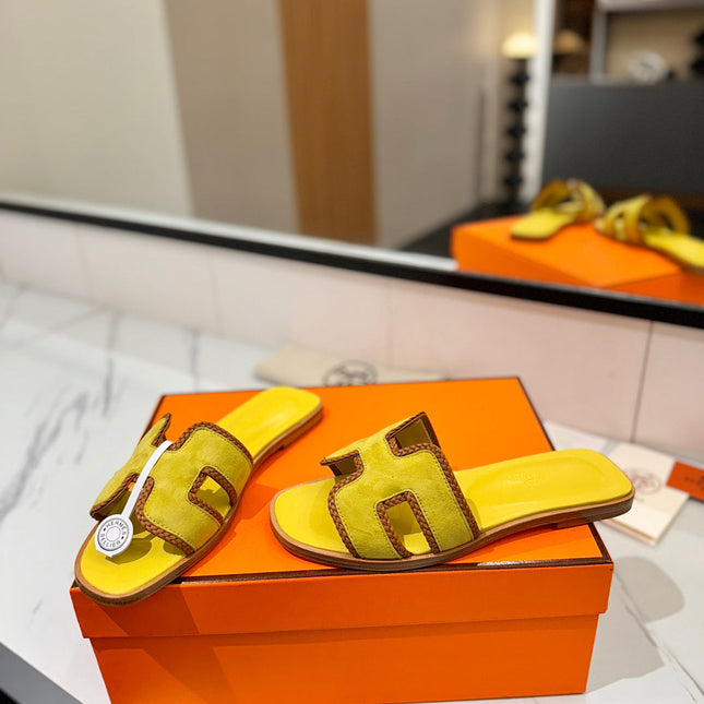 HM 26S ORAN SANDALS IN YELLOW SUEDE WITH TAN BOWN BRAIDED TRIM