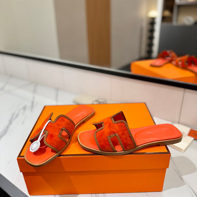 HM 26S ORAN SANDALS IN ORANGE SUEDE WITH TAN BOWN BRAIDED TRIM