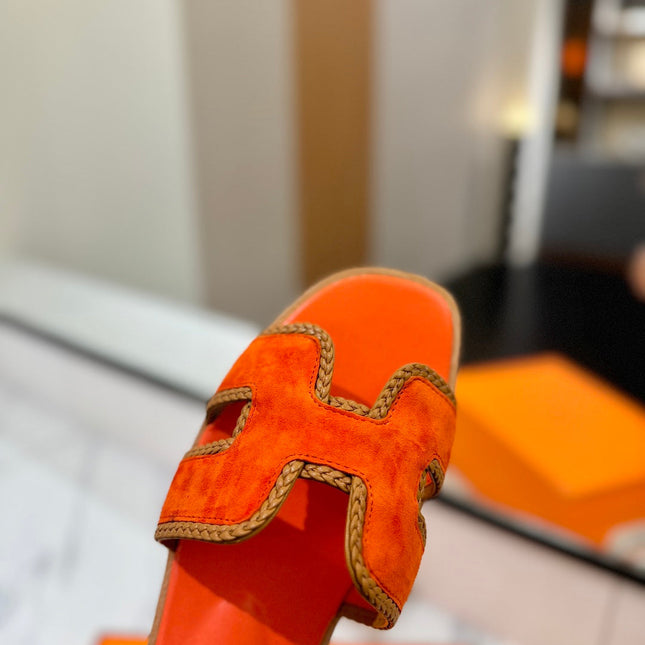 HM 26S ORAN SANDALS IN ORANGE SUEDE WITH TAN BOWN BRAIDED TRIM