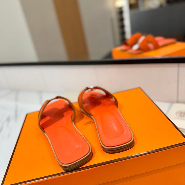 HM 26S ORAN SANDALS IN ORANGE SUEDE WITH TAN BOWN BRAIDED TRIM