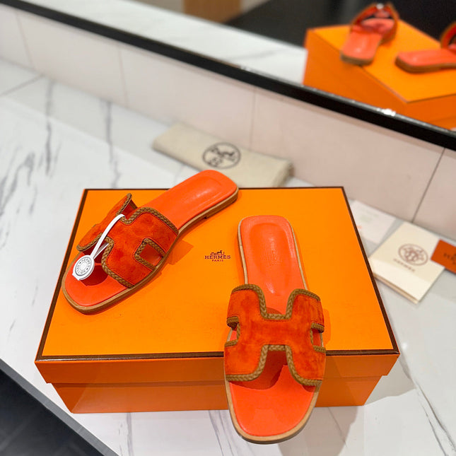 HM 26S ORAN SANDALS IN ORANGE SUEDE WITH TAN BOWN BRAIDED TRIM