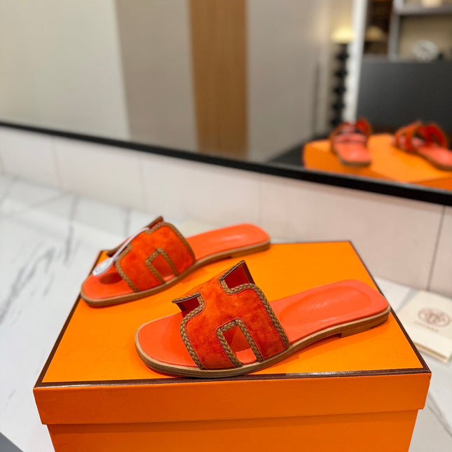 HM 26S ORAN SANDALS IN ORANGE SUEDE WITH TAN BOWN BRAIDED TRIM