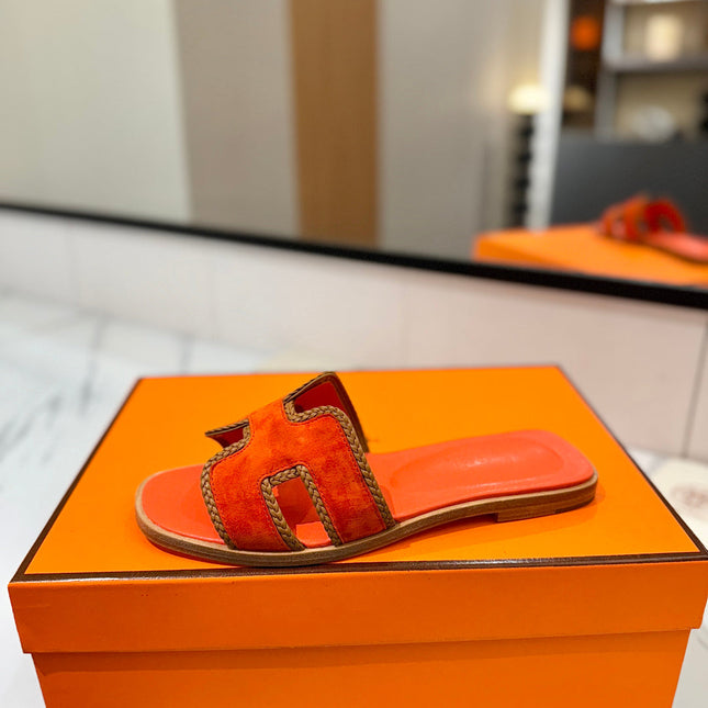 HM 26S ORAN SANDALS IN ORANGE SUEDE WITH TAN BOWN BRAIDED TRIM