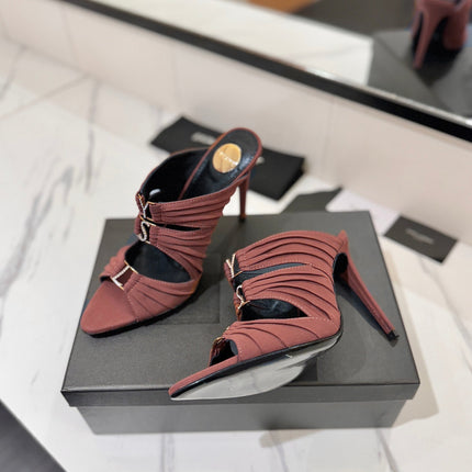 YSL 26S HEELED SANDALS 100 MM IN DARK BROWN FABRIC