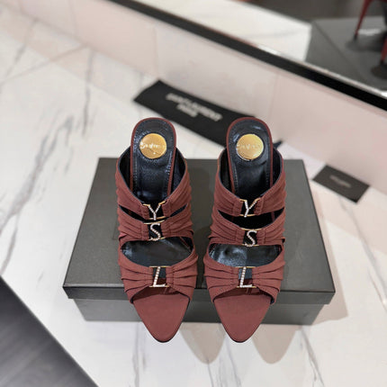 YSL 26S HEELED SANDALS 100 MM IN DARK BROWN FABRIC