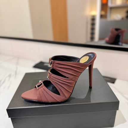 YSL 26S HEELED SANDALS 100 MM IN DARK BROWN FABRIC