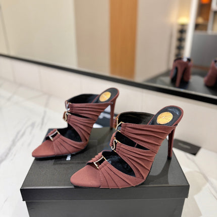 YSL 26S HEELED SANDALS 100 MM IN DARK BROWN FABRIC