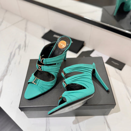 YSL 26S HEELED SANDALS 100 MM IN EMERALD GREEN FABRIC