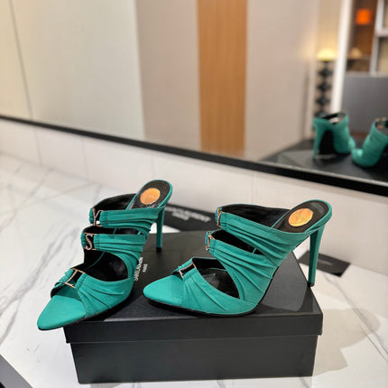 YSL 26S HEELED SANDALS 100 MM IN EMERALD GREEN FABRIC
