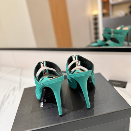 YSL 26S HEELED SANDALS 100 MM IN EMERALD GREEN FABRIC