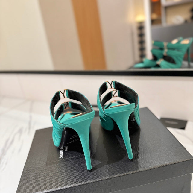 YSL 26S HEELED SANDALS 100 MM IN EMERALD GREEN FABRIC