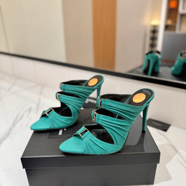 YSL 26S HEELED SANDALS 100 MM IN EMERALD GREEN FABRIC