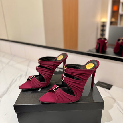 YSL 26S HEELED SANDALS 100 MM IN DARK RED FABRIC