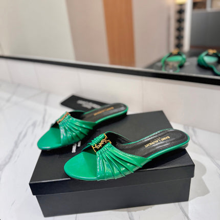 YSL 26S BABYLONE FLAT MULES IN GREEN LAMBSKIN