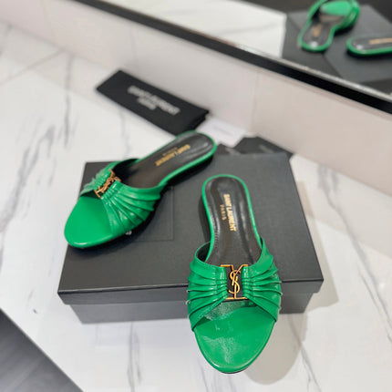 YSL 26S BABYLONE FLAT MULES IN GREEN LAMBSKIN