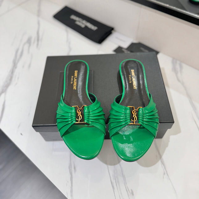 YSL 26S BABYLONE FLAT MULES IN GREEN LAMBSKIN