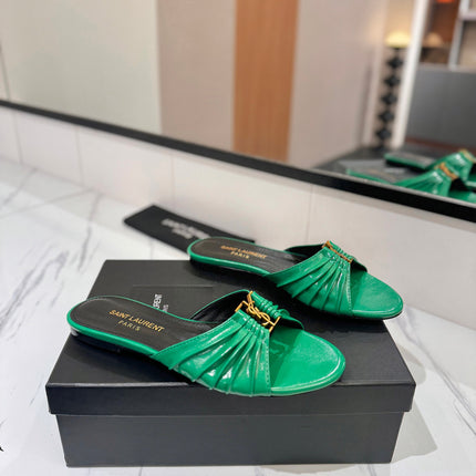 YSL 26S BABYLONE FLAT MULES IN GREEN LAMBSKIN