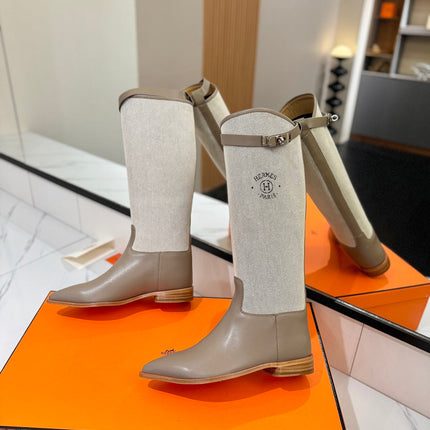 HM 26S JUMPING BOOTS IN DARK GREY CALFSKIN AND BEIGE CANVAS WITH SILVER HARDWARE