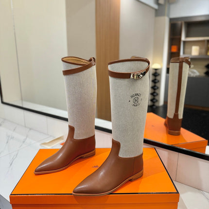 HM 26S JUMPING BOOTS IN BROWN CALFSKIN AND BEIGE CANVAS WITH SILVER HARDWARE