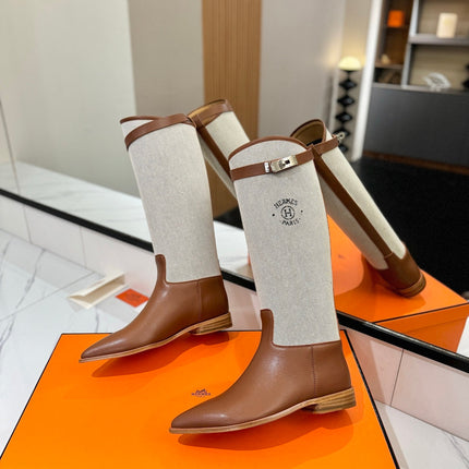 HM 26S JUMPING BOOTS IN BROWN CALFSKIN AND BEIGE CANVAS WITH SILVER HARDWARE