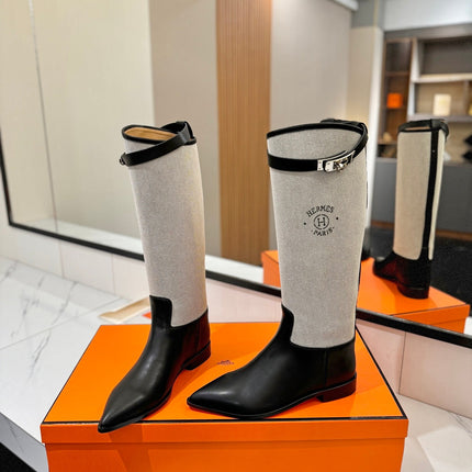 HM 26S JUMPING BOOTS IN BLACK CALFSKIN AND BEIGE CANVAS WITH SILVER HARDWARE