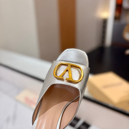 VALENTINO 26S HEEL SANDALS 100 MM IN METALLIC SILVER CALFSKIN WITH GOLD HARDWARE