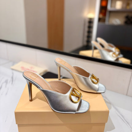 VALENTINO 26S HEEL SANDALS 100 MM IN METALLIC SILVER CALFSKIN WITH GOLD HARDWARE