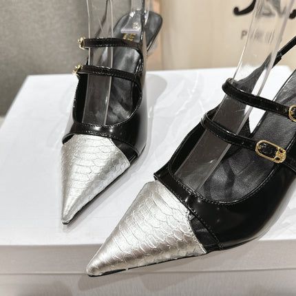 JUDY DOUBLE STRAP MARY JANE SLINGBACK 65MM IN BLACK SHINY CALFSKIN AND SILVER SNAKE EMBOSSED LEATHER