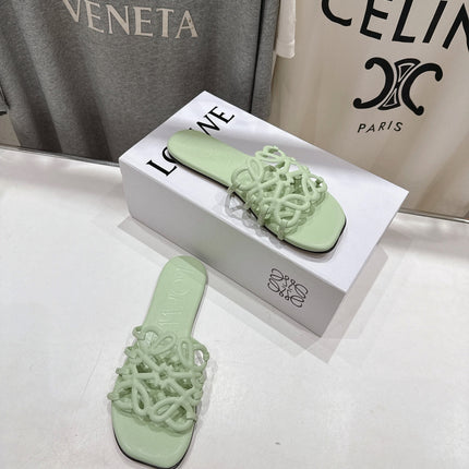 LOEWE 26S PETAL ANAGRAM SLIDE IN SAGE GREEN CALFSKIN