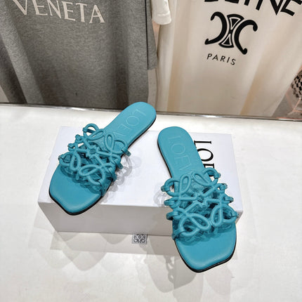 LOEWE 26S PETAL ANAGRAM SLIDE IN TEAL BLUE CALFSKIN