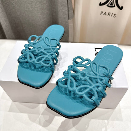 LOEWE 26S PETAL ANAGRAM SLIDE IN TEAL BLUE CALFSKIN