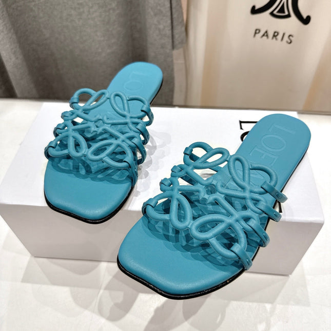 LOEWE 26S PETAL ANAGRAM SLIDE IN TEAL BLUE CALFSKIN