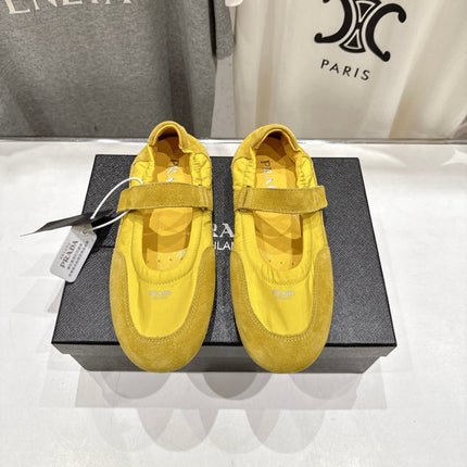 PRADA 25S COLLAPSE RE NYLON AND SUEDE BALLERINAS IN LEMON YELLOW