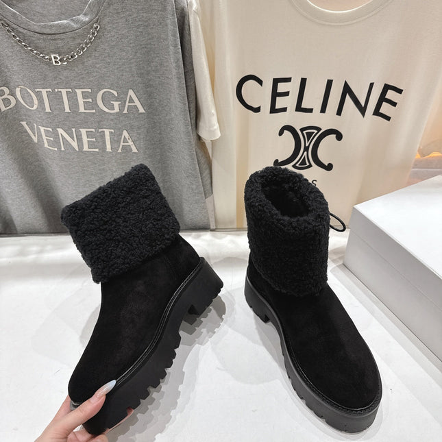 CELINE 26S FUR-TRIM ANKLE BOOTS IN BLACK SUEDE