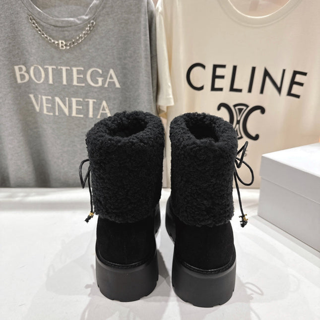 CELINE 26S FUR-TRIM ANKLE BOOTS IN BLACK SUEDE