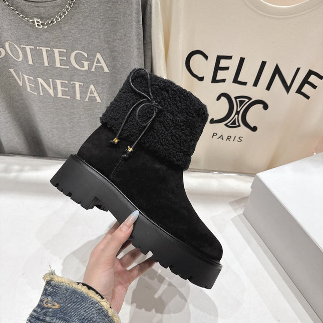 CELINE 26S FUR-TRIM ANKLE BOOTS IN BLACK SUEDE