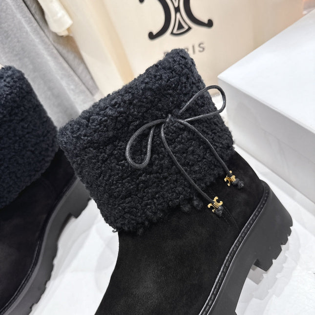 CELINE 26S FUR-TRIM ANKLE BOOTS IN BLACK SUEDE