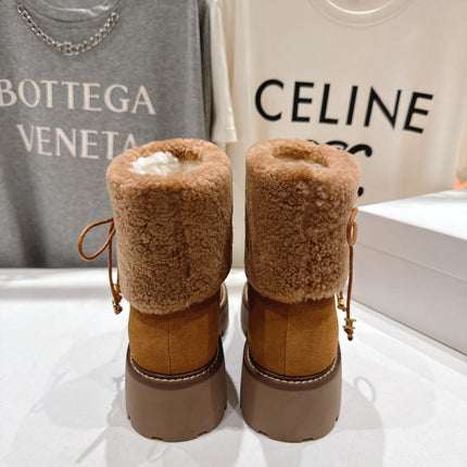 CELINE 26S FUR-TRIM ANKLE BOOTS IN BROWN SUEDE