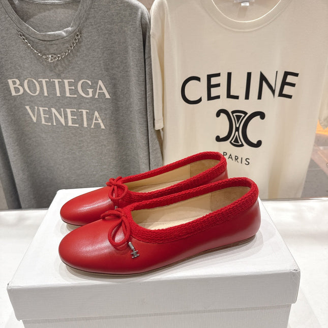 CELINE 26S BALLET FLATS IN RED CALFSKIN WITH BOW