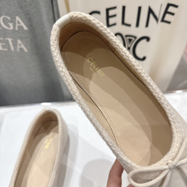 CELINE 26S BALLET FLATS IN CREAM WHITE CALFSKIN WITH BOW