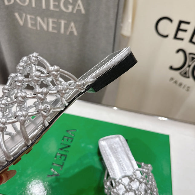 BOTTEGA VENETA 26S WOVEN MULES IN SILVER LAMBSKIN