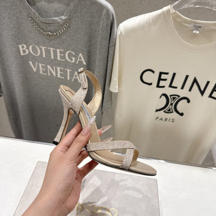 JIMMY CHOO 26S HIGH-HEELED SANDALS 100 MM IN LIGHT BEIGE GLITTER FABRIC