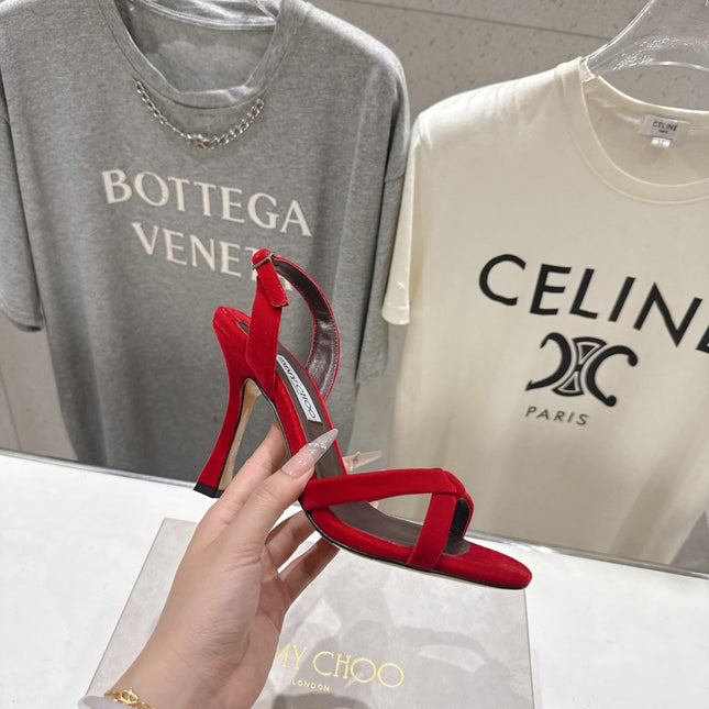 JIMMY CHOO 26S HIGH-HEELED SANDALS 100 MM IN RED VELVET