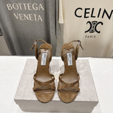 JIMMY CHOO 26S HIGH-HEELED SANDALS 100 MM IN BROWN SUEDE