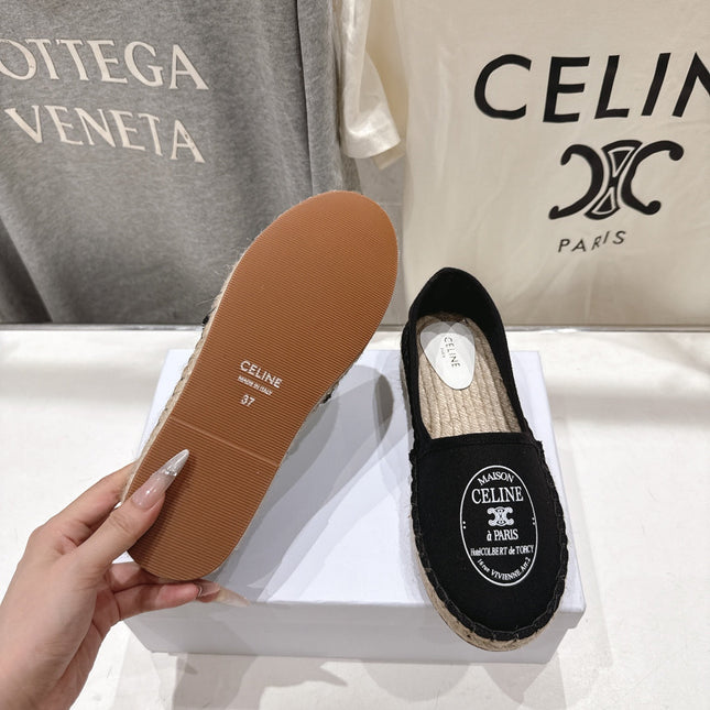 CELINE 26S MAISON PARIS EMBLEM ESPADRILLE FLATS IN BLACK CANVAS