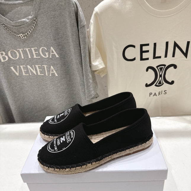 CELINE 26S MAISON PARIS EMBLEM ESPADRILLE FLATS IN BLACK CANVAS