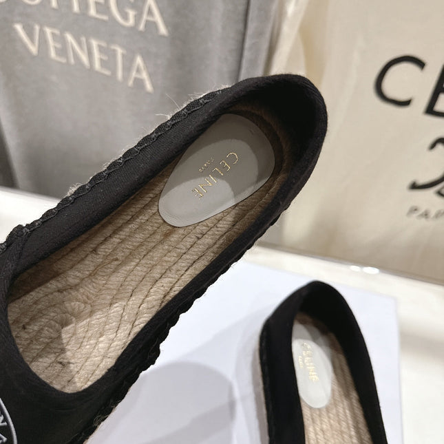CELINE 26S MAISON PARIS EMBLEM ESPADRILLE FLATS IN BLACK CANVAS