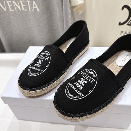CELINE 26S MAISON PARIS EMBLEM ESPADRILLE FLATS IN BLACK CANVAS